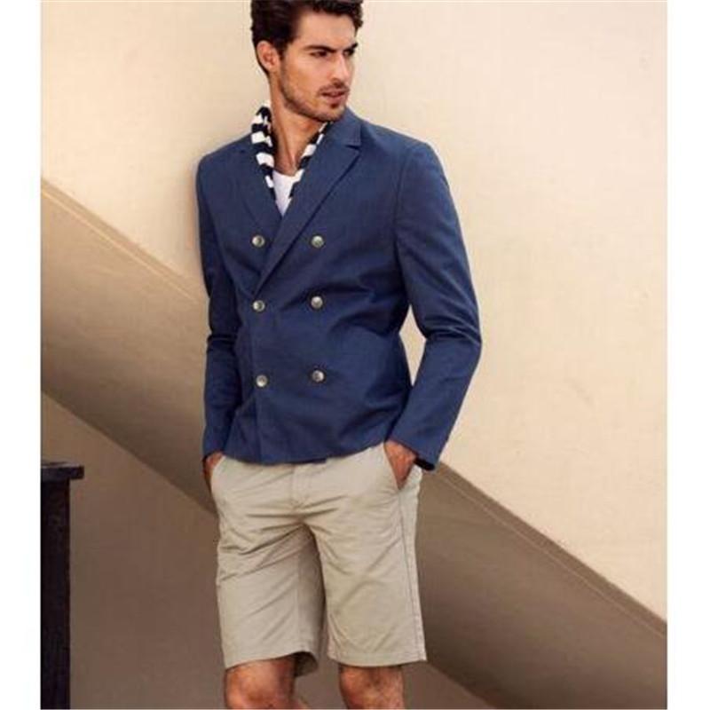 Chaqueta azul con pantalón corto caqui, trajes de verano para hombre, trajes de graduación, trajes de boda para padrinos de boda, trajes de uso diario para hombre, chaqueta y pantalones.