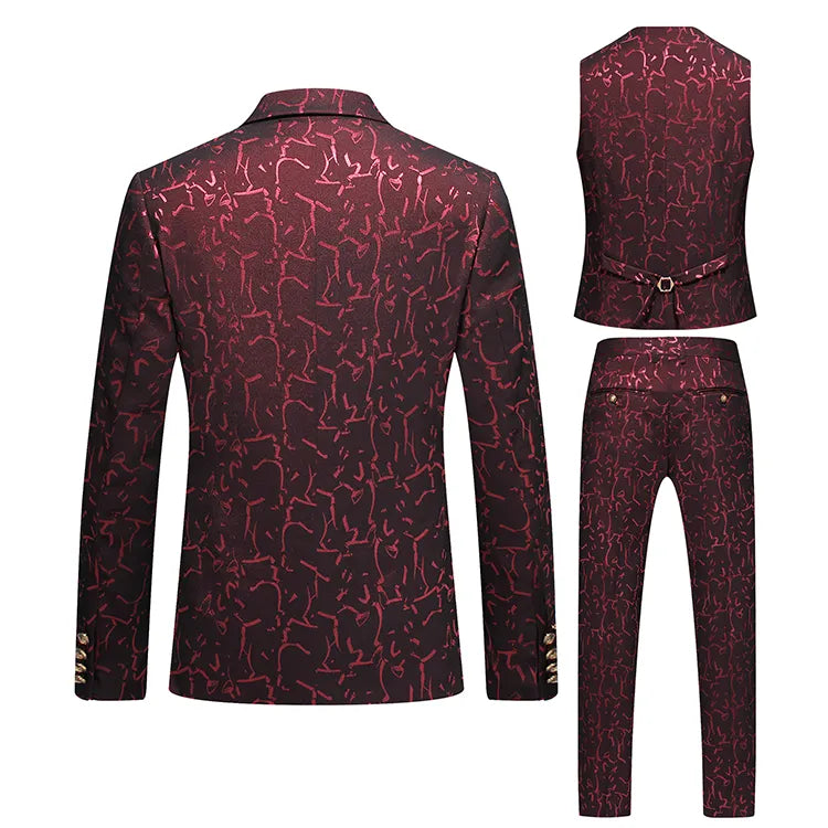 Traje de hombre, traje de jacquard hueco, traje de banquete, vestido de novia, vino rojo, azul y verde. 