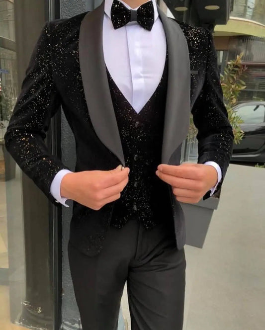 Black Mens Suits 3 Piece Black Shawl Lapel Casual Groom Tuxedos for Wedding Groomsmen Suits Men (Blazer+Vest+Pant)