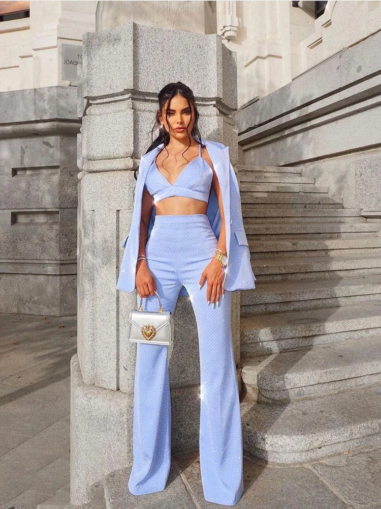 Conjunto de 3 piezas de blazer y pantalón para mujer, con un solo botón, diamantes y cuentas