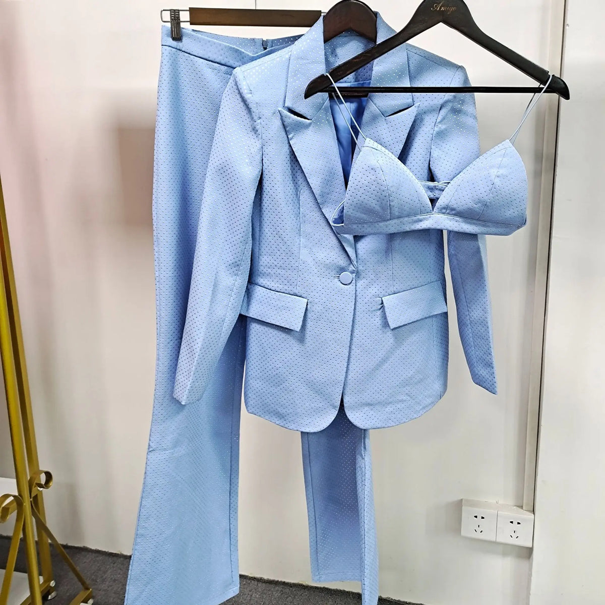 Conjunto de 3 piezas de blazer y pantalón para mujer, con un solo botón, diamantes y cuentas