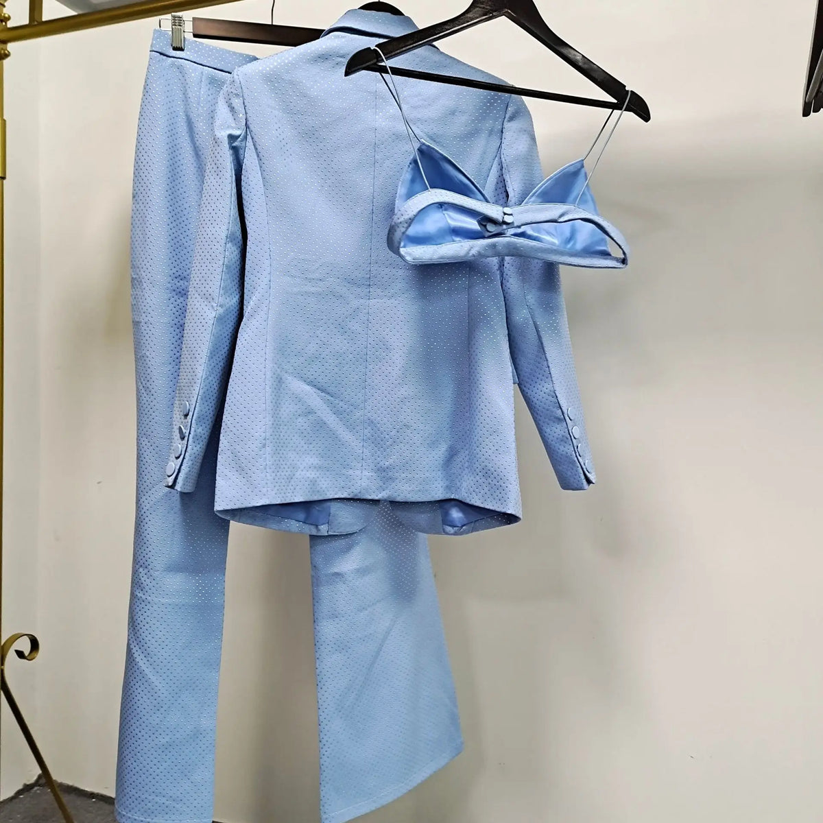 Conjunto de 3 piezas de blazer y pantalón para mujer, con un solo botón, diamantes y cuentas