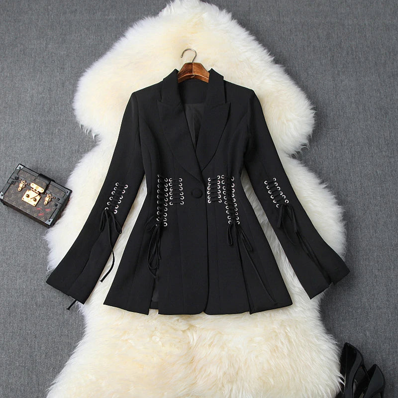 Designer Coat Women's Single Button Lacing Up Rope Split Blazer Jacket