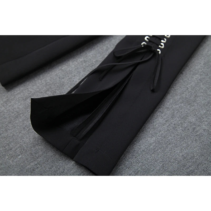 Chic Black Hook & Eye Lace-Up Blazer Jacket for Women - Stylish Split Sleeve Design