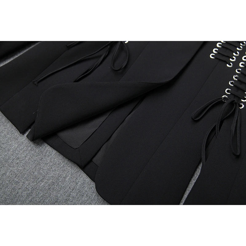 Chic Black Hook & Eye Lace-Up Blazer Jacket for Women - Stylish Split Sleeve Design