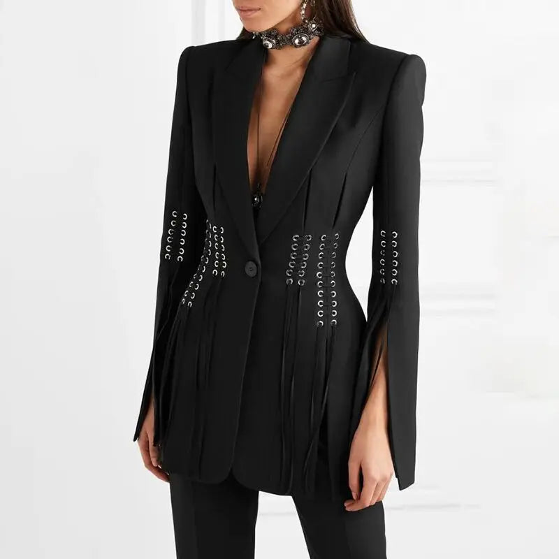 Chic Black Hook & Eye Lace-Up Blazer Jacket for Women - Stylish Split Sleeve Design