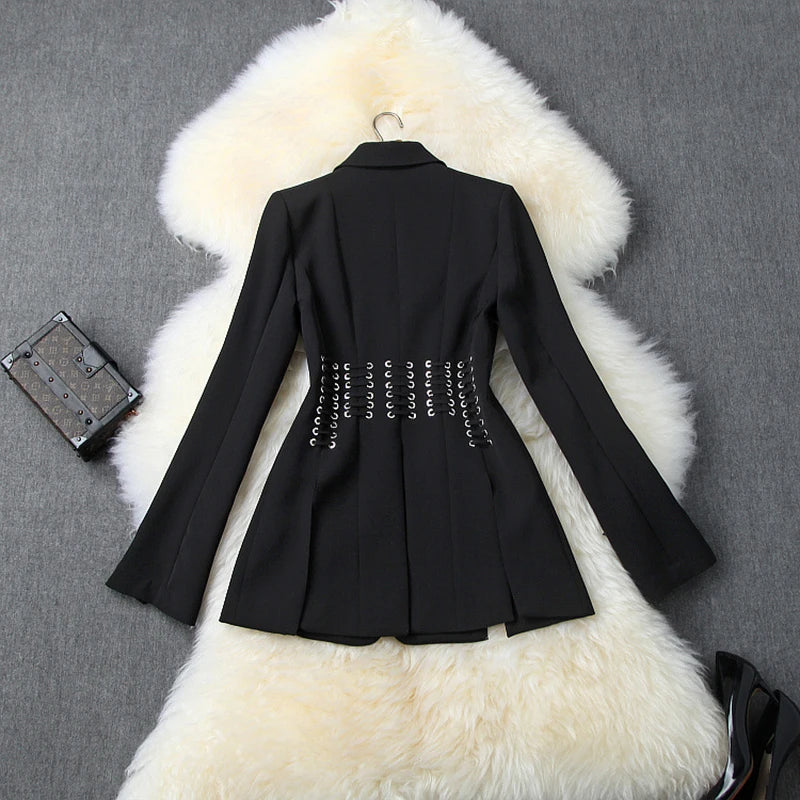 Designer Coat Women's Single Button Lacing Up Rope Split Blazer Jacket