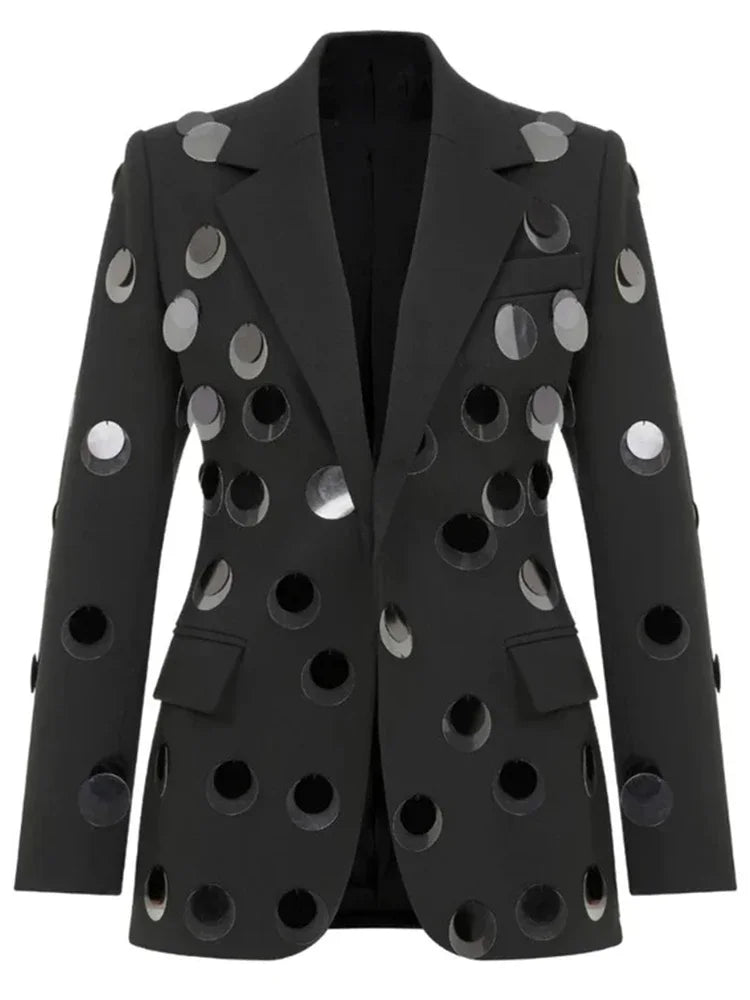 Chic Women's Sequin Blazer with Eye-Catching Cutouts – Stylish Single Button Design for Trendsetters