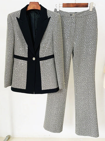 Fashion Runway Suit Set Women's Slim Fit Color Block Sequined Blazer Pants Suit