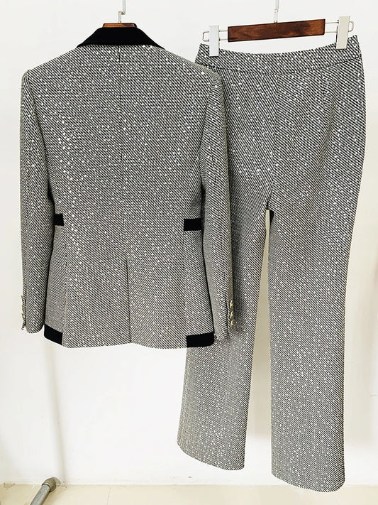 Fashion Runway Suit Set Women's Slim Fit Color Block Sequined Blazer Pants Suit