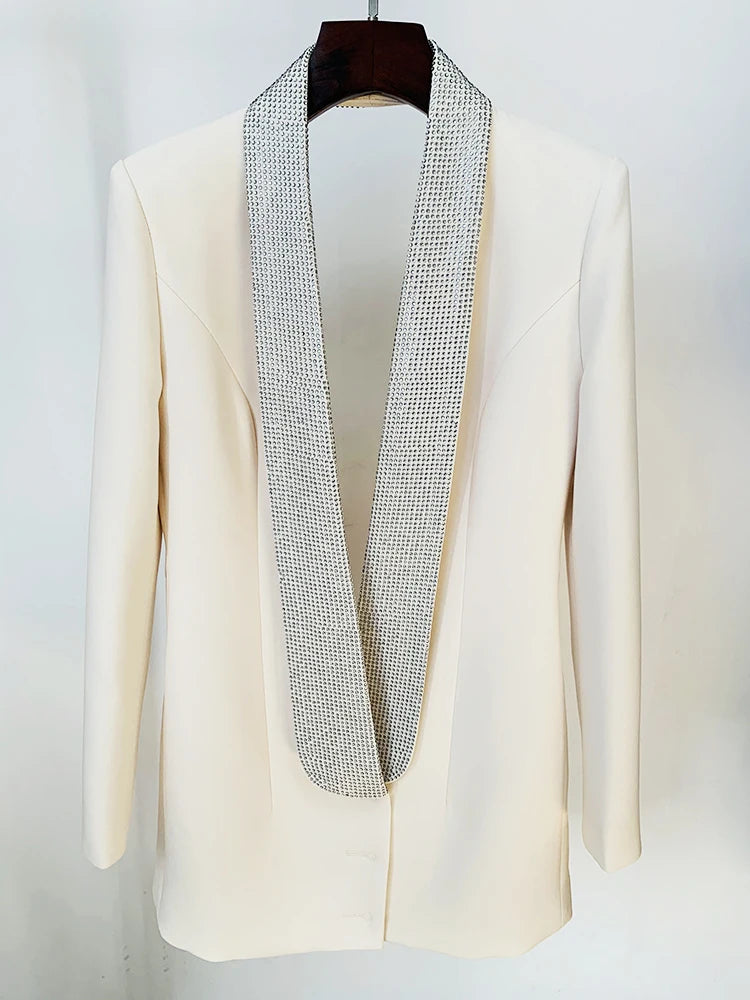 Jacket Women's Stylish Backless Rhinestone Diamonds Beaded Shawl Collar Long Blazer