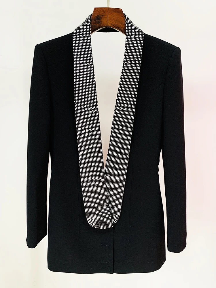 Jacket Women's Stylish Backless Rhinestone Diamonds Beaded Shawl Collar Long Blazer