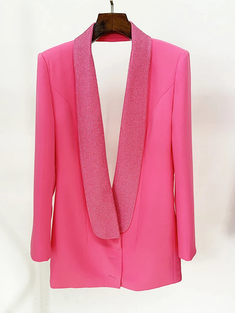 Jacket Women's Stylish Backless Rhinestone Diamonds Beaded Shawl Collar Long Blazer