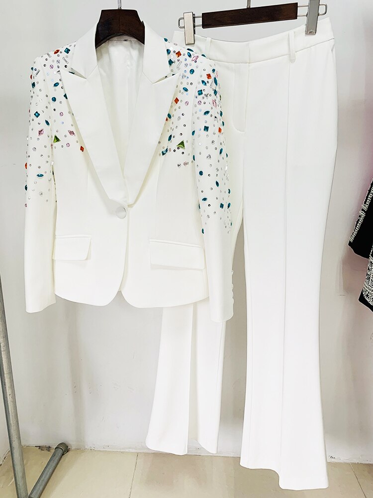Designer Runway Suit Set Women's Slim Fitting Strass Diamonds Beaded Blazer Pants Set