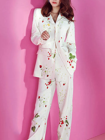 Runway Fashion Suit Set Women's  Single Button Strawberry Floral Printed Blazer Pants Suit 2pcs
