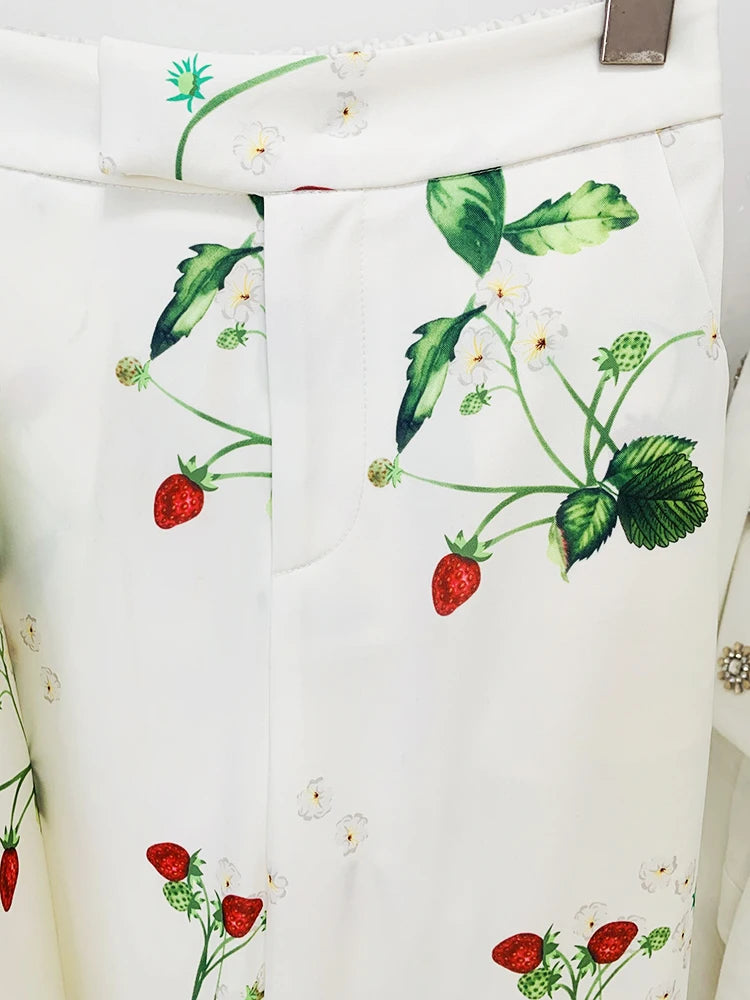 Runway Fashion Suit Set Women's  Single Button Strawberry Floral Printed Blazer Pants Suit 2pcs