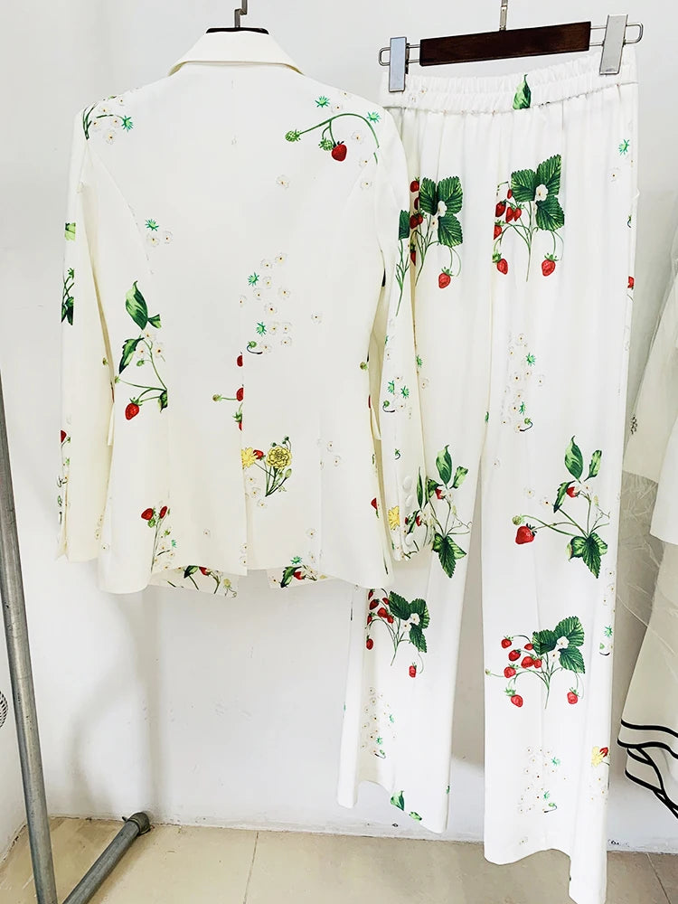 Runway Fashion Suit Set Women's  Single Button Strawberry Floral Printed Blazer Pants Suit 2pcs