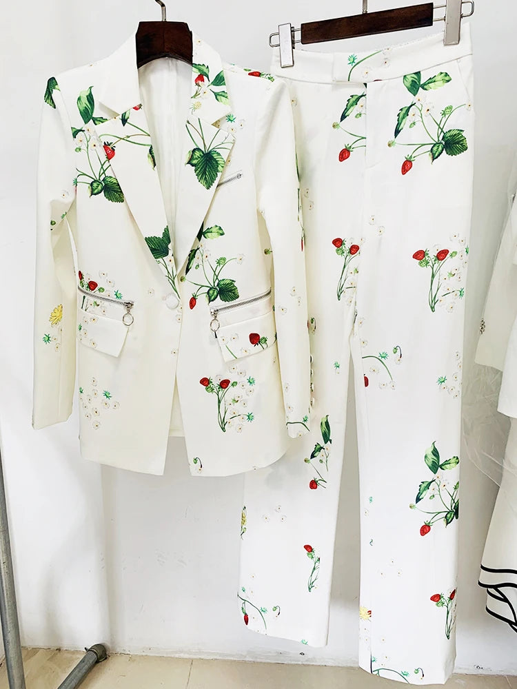 Runway Fashion Suit Set Women's  Single Button Strawberry Floral Printed Blazer Pants Suit 2pcs