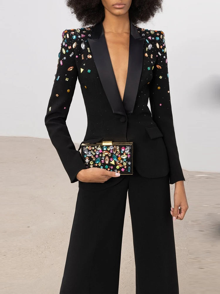 Conjunto de traje de moda para mujer, blazer ajustado con cuentas de diamantes de imitación y pantalones.