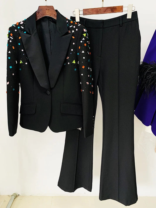 Fashion Suit Set Women's Slim Fitting Strass Diamonds Beaded Blazer Pants Set