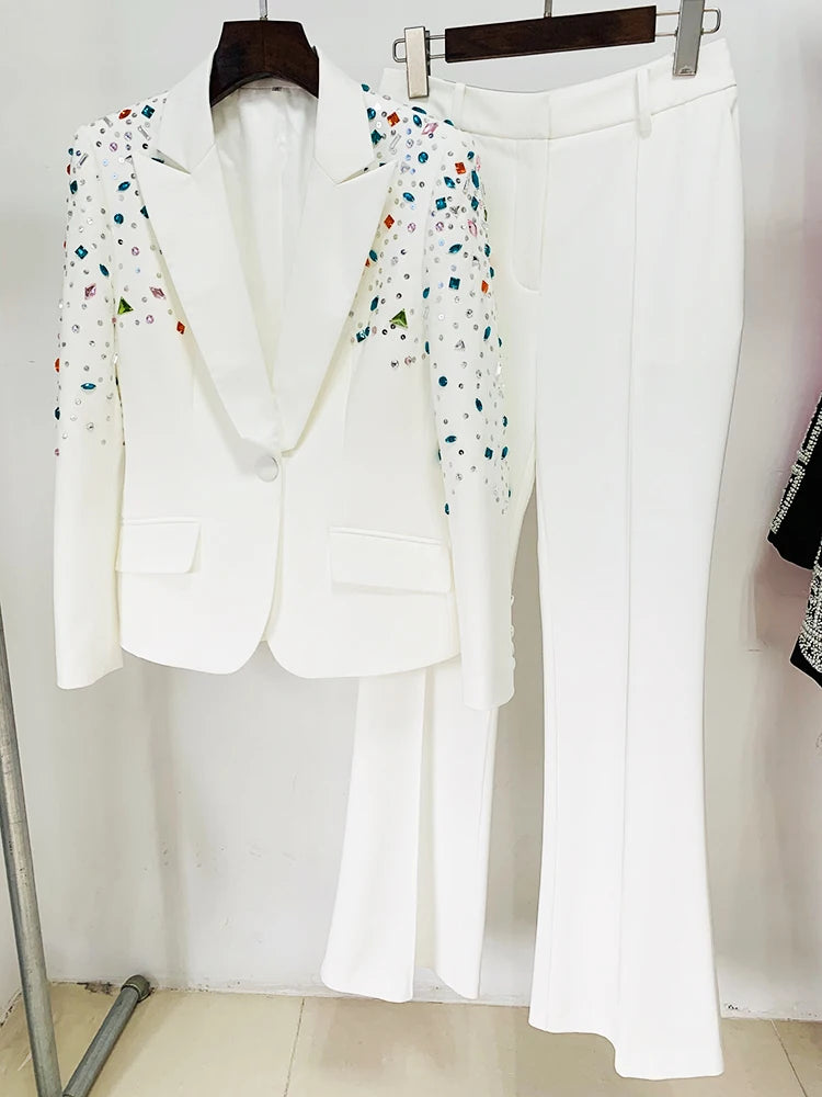 Conjunto de traje de moda para mujer, blazer ajustado con cuentas de diamantes de imitación y pantalones.