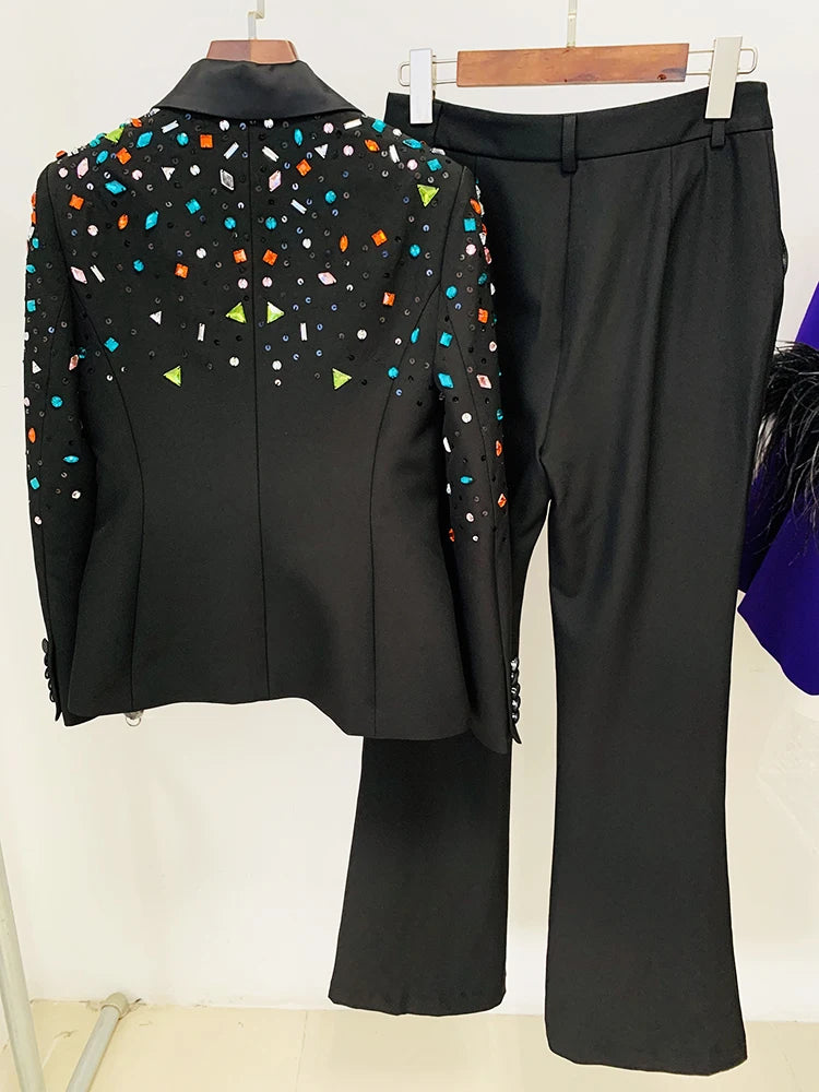 Conjunto de traje de moda para mujer, blazer ajustado con cuentas de diamantes de imitación y pantalones.