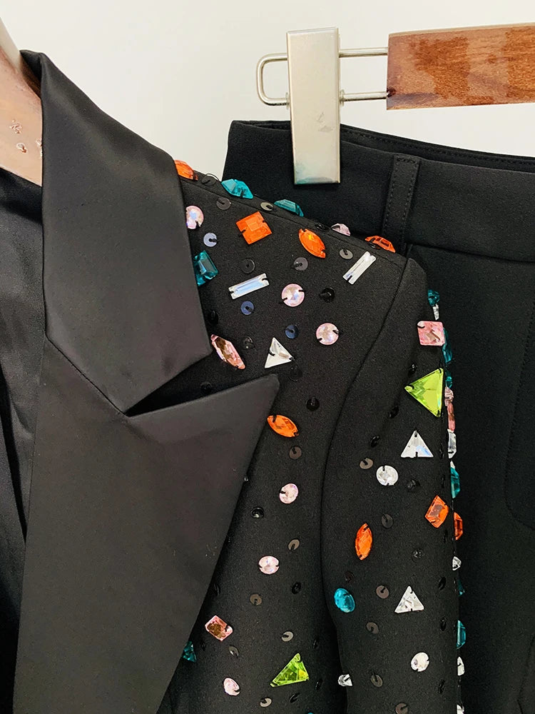 Conjunto de traje de moda para mujer, blazer ajustado con cuentas de diamantes de imitación y pantalones.
