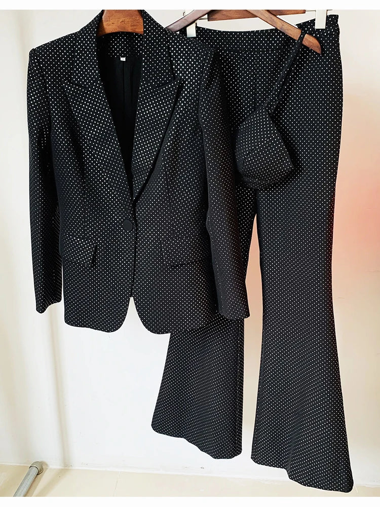 Ensemble 3 pièces pour femme, blazer, pantalon, veste, pantalon, imprimé à pois et paillettes