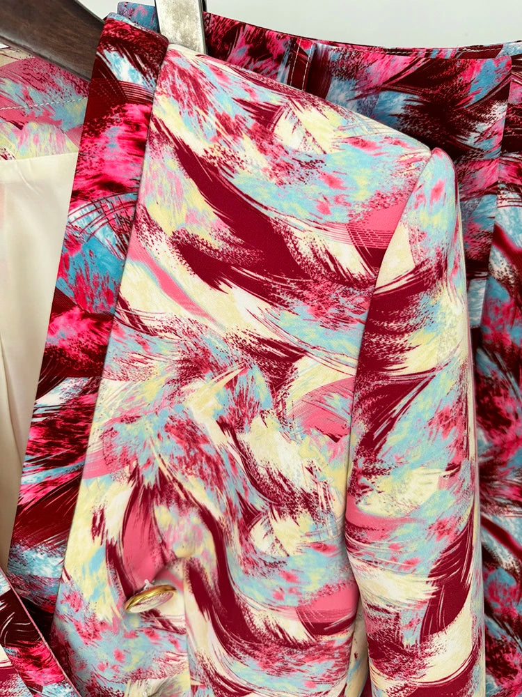 Conjunto de traje para mujer, blazer con estampado de plumas, manga 3/4, pantalón acampanado, 2 piezas