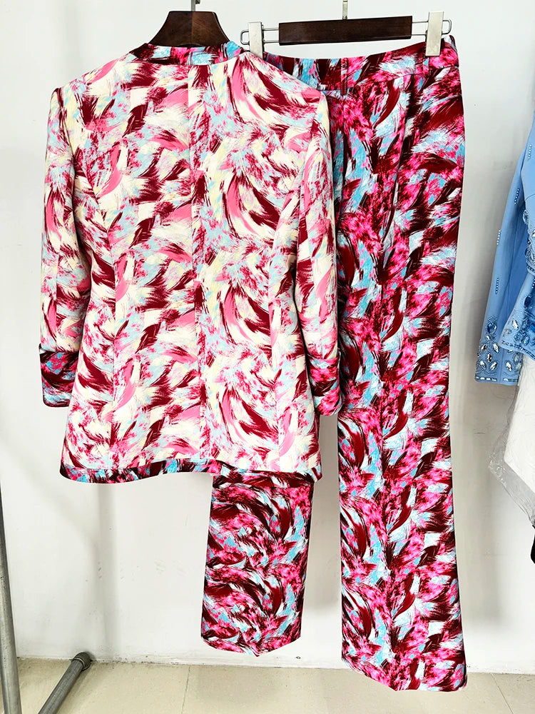 Conjunto de traje para mujer, blazer con estampado de plumas, manga 3/4, pantalón acampanado, 2 piezas