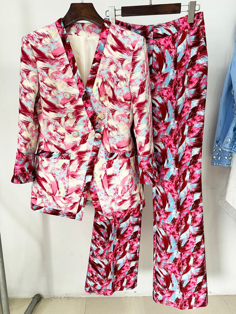 Conjunto de traje para mujer, blazer con estampado de plumas, manga 3/4, pantalón acampanado, 2 piezas