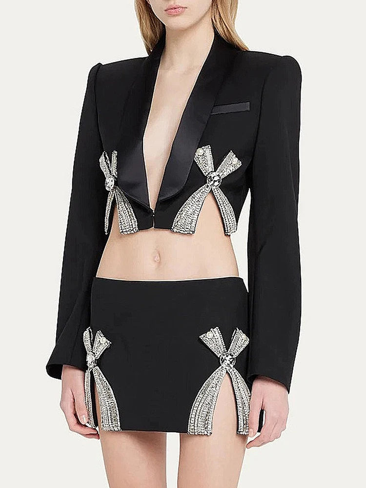 Suit Set Women's Luxurious Diamonds Beaded Short Blazer Skirt Suit