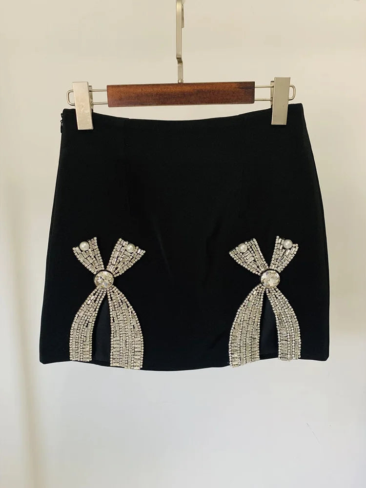 Suit Set Women's Luxurious Diamonds Beaded Short Blazer Skirt Suit