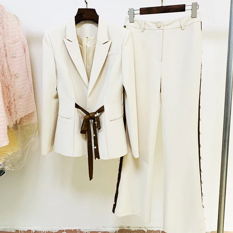 Ensemble de costume de défilé pour femme, ruban, perles, laçage, ceinture, blazer, pantalon évasé