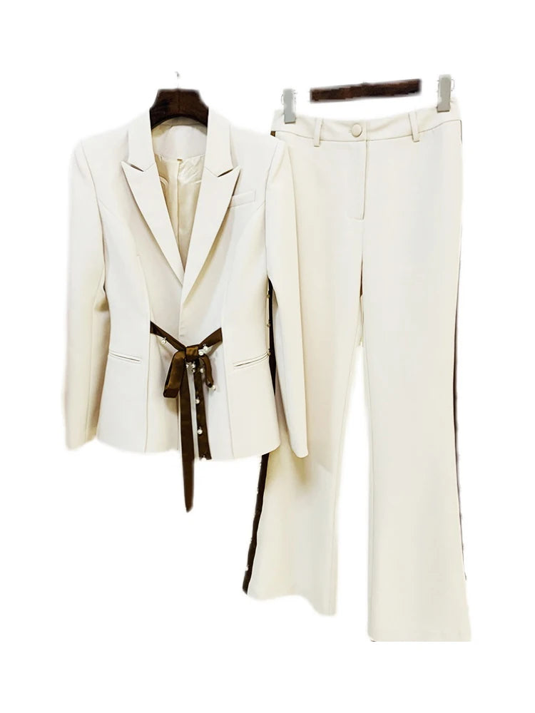 Ensemble de costume de défilé pour femme, ruban, perles, laçage, ceinture, blazer, pantalon évasé