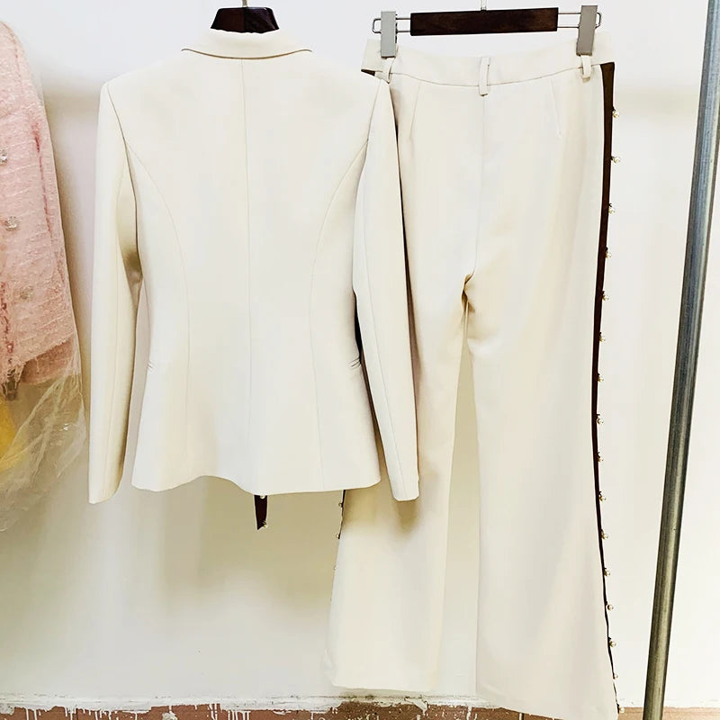 Ensemble de costume de défilé pour femme, ruban, perles, laçage, ceinture, blazer, pantalon évasé