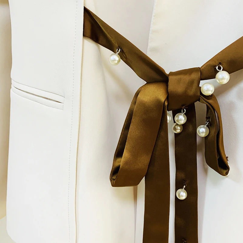 Ensemble de costume de défilé pour femme, ruban, perles, laçage, ceinture, blazer, pantalon évasé