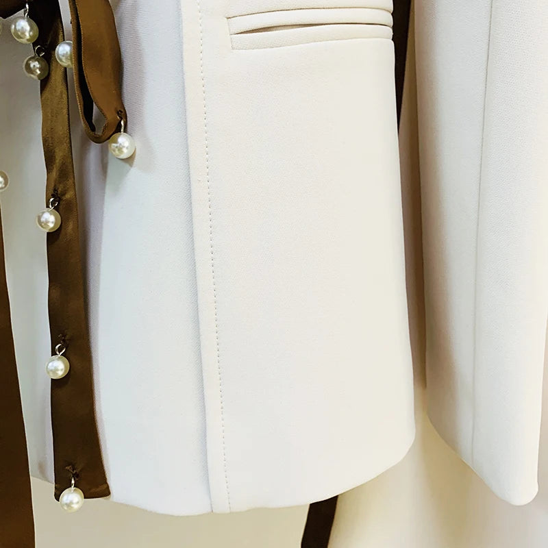 Ensemble de costume de défilé pour femme, ruban, perles, laçage, ceinture, blazer, pantalon évasé