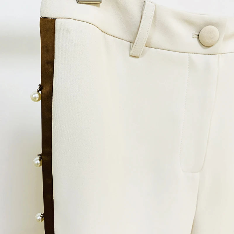 Ensemble de costume de défilé pour femme, ruban, perles, laçage, ceinture, blazer, pantalon évasé