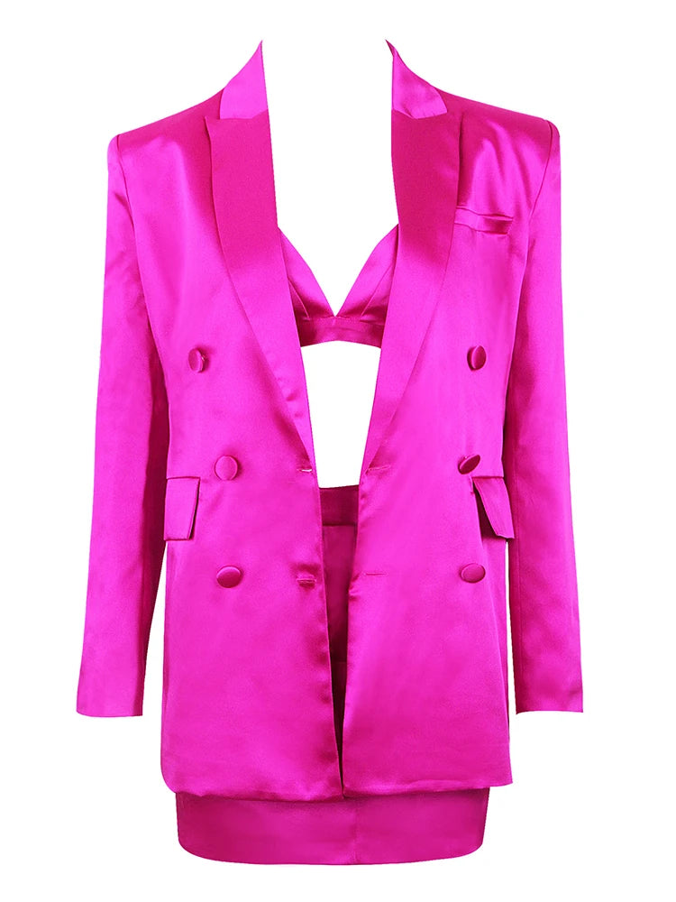 Designer Runway Suit Set Women's Satin Double Breasted Blazer Camis Mini Skirt Suit 3pcs Set