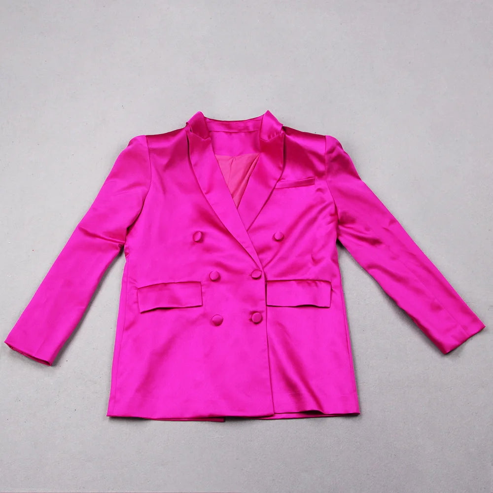 Designer Runway Suit Set Women's Satin Double Breasted Blazer Camis Mini Skirt Suit 3pcs Set