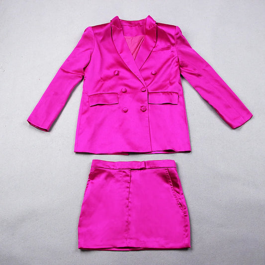 Designer Runway Suit Set Women's Satin Double Breasted Blazer Camis Mini Skirt Suit 3pcs Set