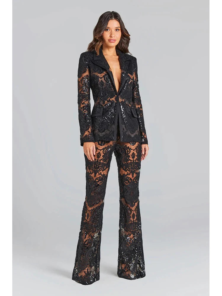 Suit Set Women's Single Button Guipure Lace Blazer  Flare Pants Set