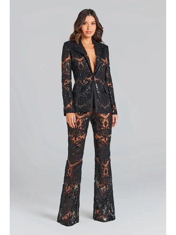 Suit Set Women's Single Button Guipure Lace Blazer  Flare Pants Set