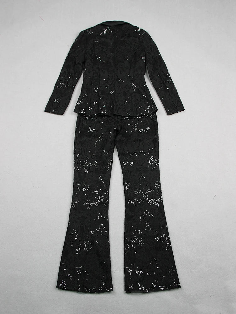 Ensemble de costume pour femme, blazer à un bouton en dentelle guipure, pantalon évasé