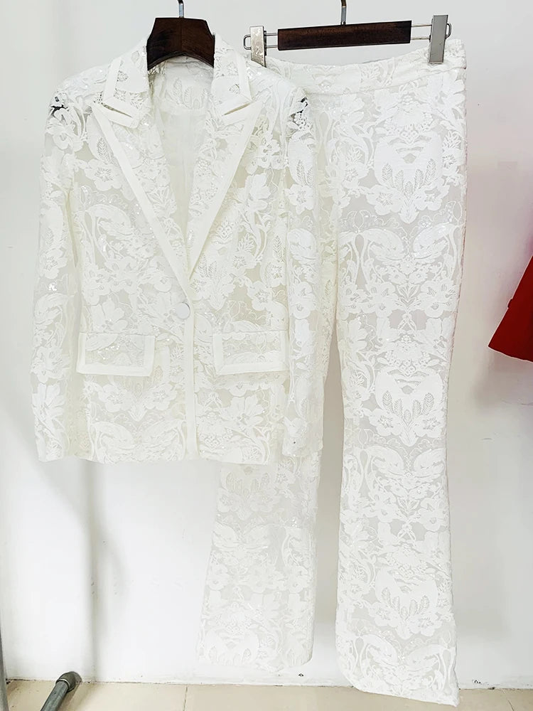 Ensemble de costume pour femme, blazer à un bouton en dentelle guipure, pantalon évasé
