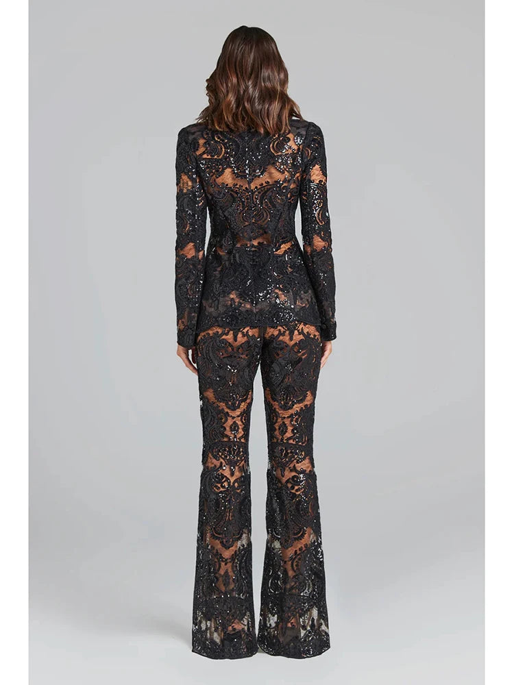 Suit Set Women's Single Button Guipure Lace Blazer Flare Pants Set