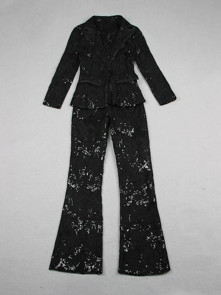 Ensemble de costume pour femme, blazer à un bouton en dentelle guipure, pantalon évasé