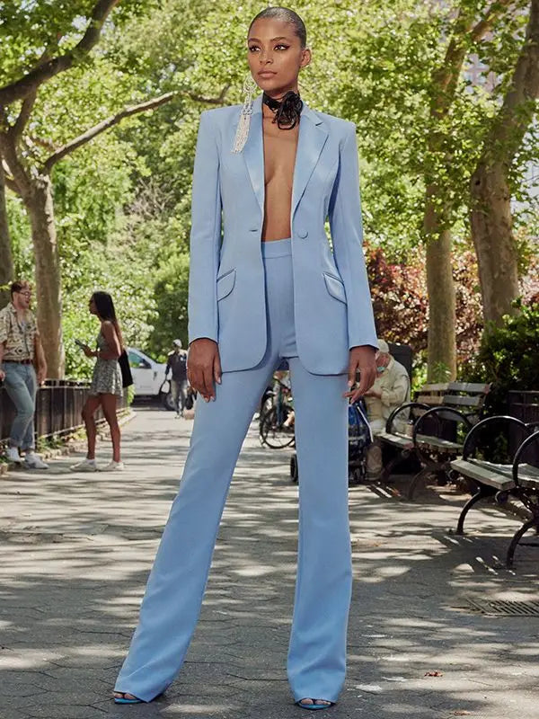 Runway Suit Set Women's Slim Fitting Single Button Blazer Flare Pants Suit