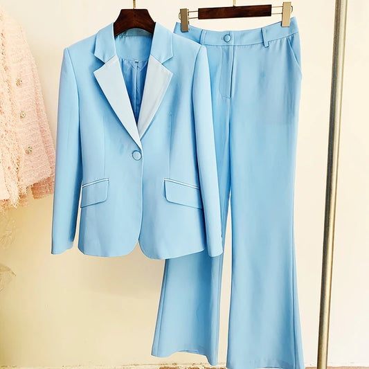 Runway Suit Set Women's Slim Fitting Single Button Blazer Flare Pants Suit